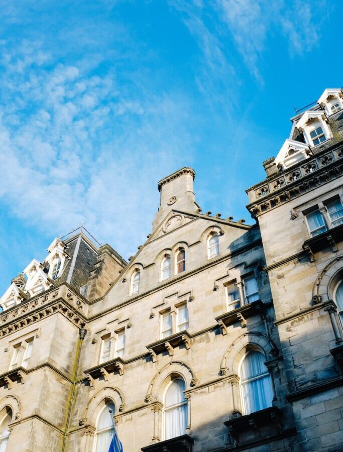 Low Angle Shot of the Facade of Queens Hotel, Dundee, Scotland, UK