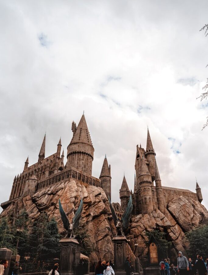 a group of people standing in front of a castle