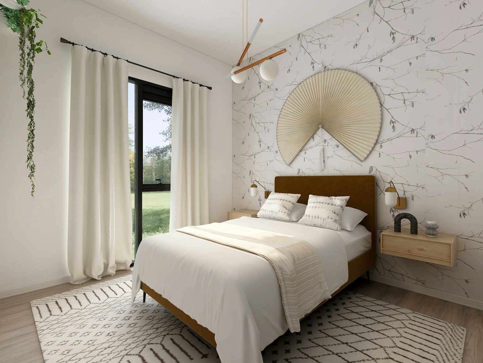 white bed linen near white window curtain